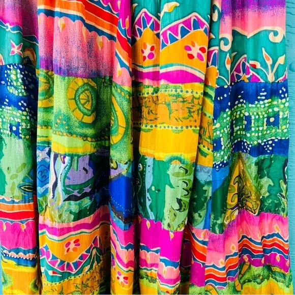 100% SILK PATCHWORK TIERED MAXI SKIRT ELASTIC WAISTBAND SIZE MEDIUM - Picture 4 of 8